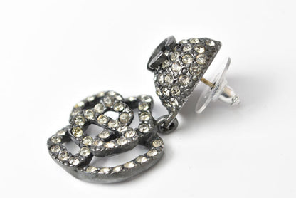 Top Quality Chanel Camellia Motif Rhinestone Silver Earrings
