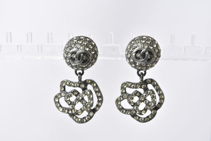 Top Quality Chanel Camellia Motif Rhinestone Silver Earrings