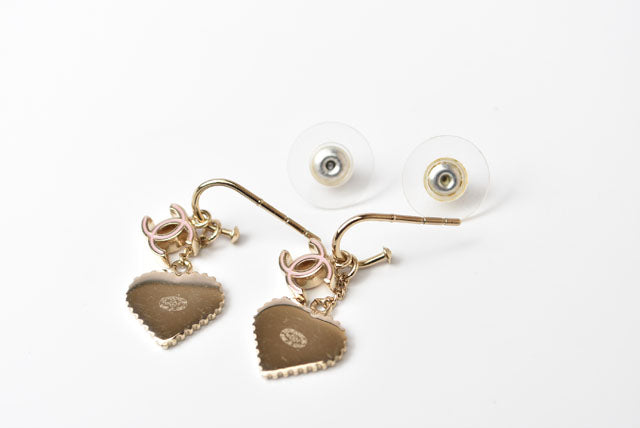 Top Quality Chanel Swing Earrings CC Mark Heart Motif Pink Gold