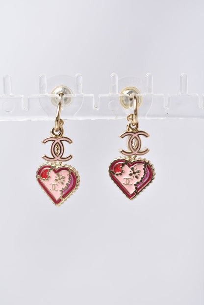 Top Quality Chanel Swing Earrings CC Mark Heart Motif Pink Gold