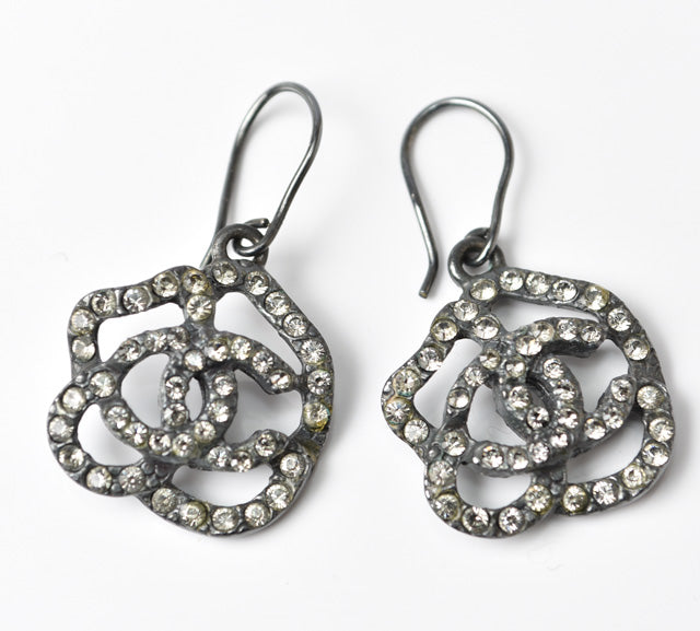 Top Quality Chanel Camellia Motif Rhinestone Earrings. Chrome Silver