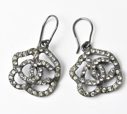 Top Quality Chanel Camellia Motif Rhinestone Earrings. Chrome Silver