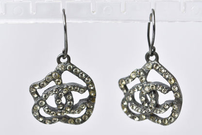 Top Quality Chanel Camellia Motif Rhinestone Earrings. Chrome Silver