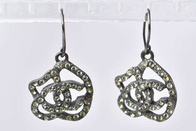 Top Quality Chanel Camellia Motif Rhinestone Earrings. Chrome Silver