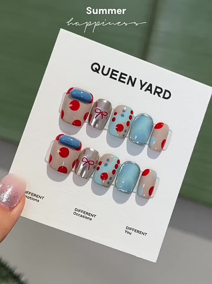 Queenyard Polka Dot Press-On Nails – Playful Retro Red & Blue Design