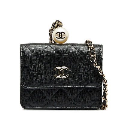 Top Quality Chanel Caviar Skin Matelasse Coco Mark Faux Pearl Chain Coin Purse Card Case
