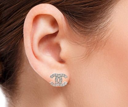 Top Quality Chanel Classic Silver CC Crystal Medium Piercing Earrings