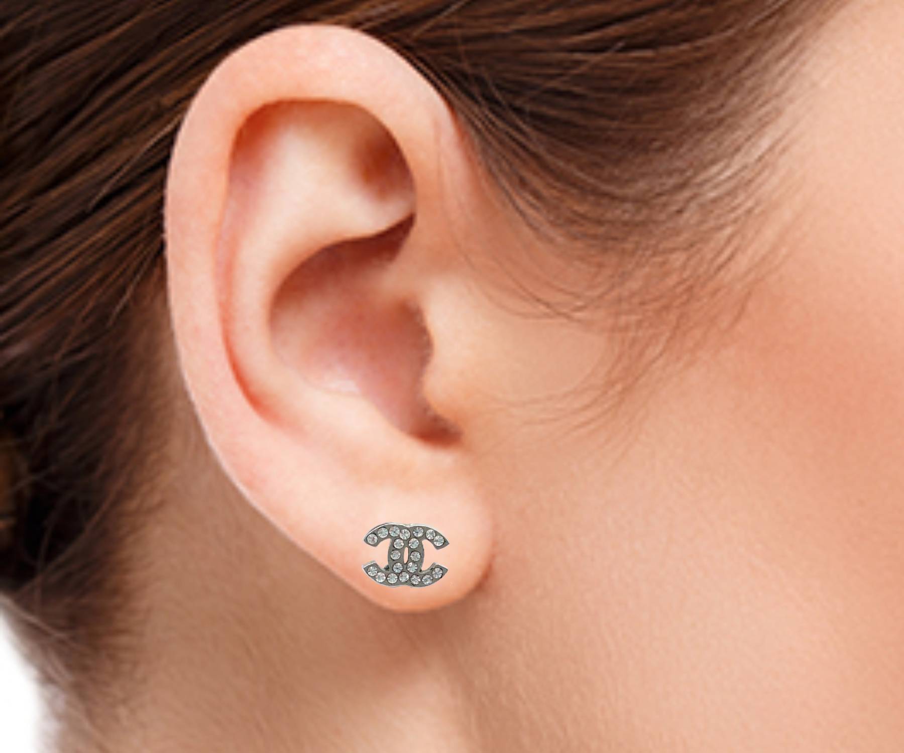 Top Quality Chanel Classic Silver CC Crystal Small Piercing Earrings