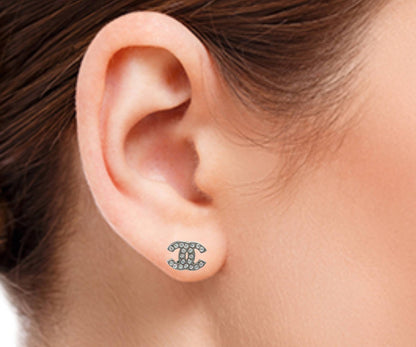 Top Quality Chanel Classic Silver CC Crystal Small Piercing Earrings