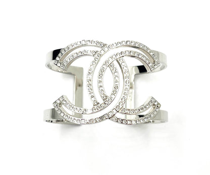 Top Quality Chanel Classic Silver CC Square Round Crystal Cutout Double Cuff Bracelet
