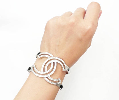 Top Quality Chanel Classic Silver CC Square Round Crystal Cutout Double Cuff Bracelet