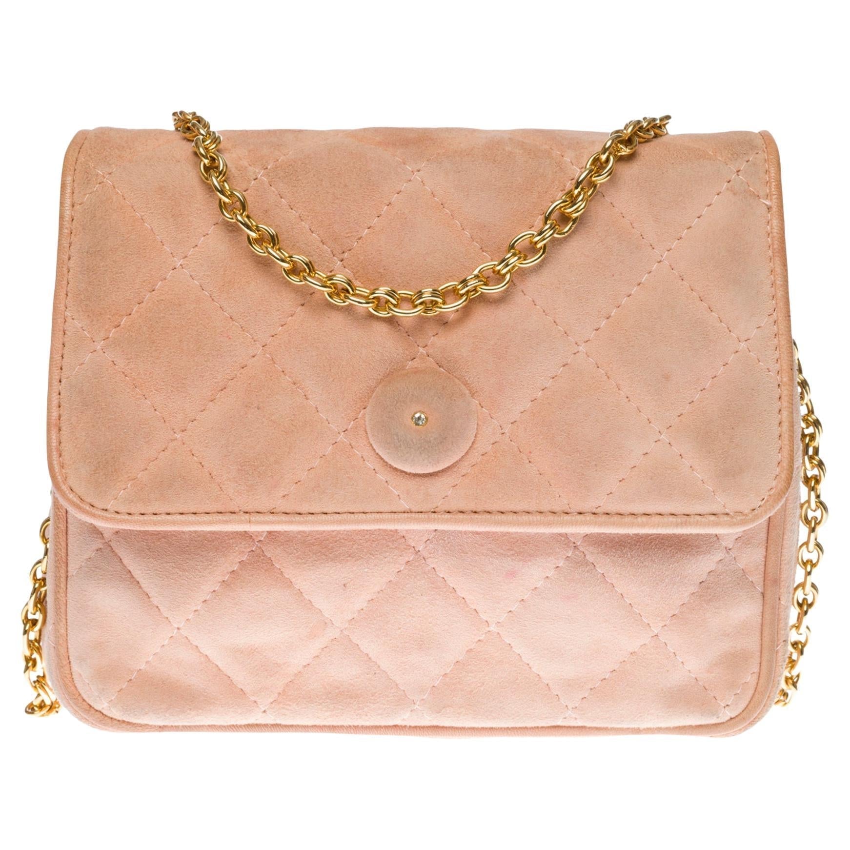 Top Quality Chanel Classic Mini shoulder New Bag in pink quilted suede. GHW
